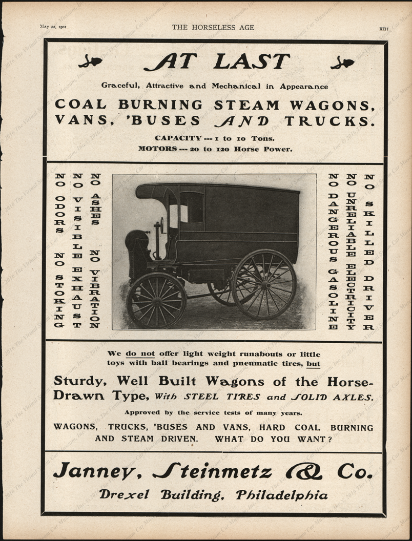 Janney, Steinmetz, & Company, Magazine Advertisement, May 22, 1901, Horseless Age, P. XIII